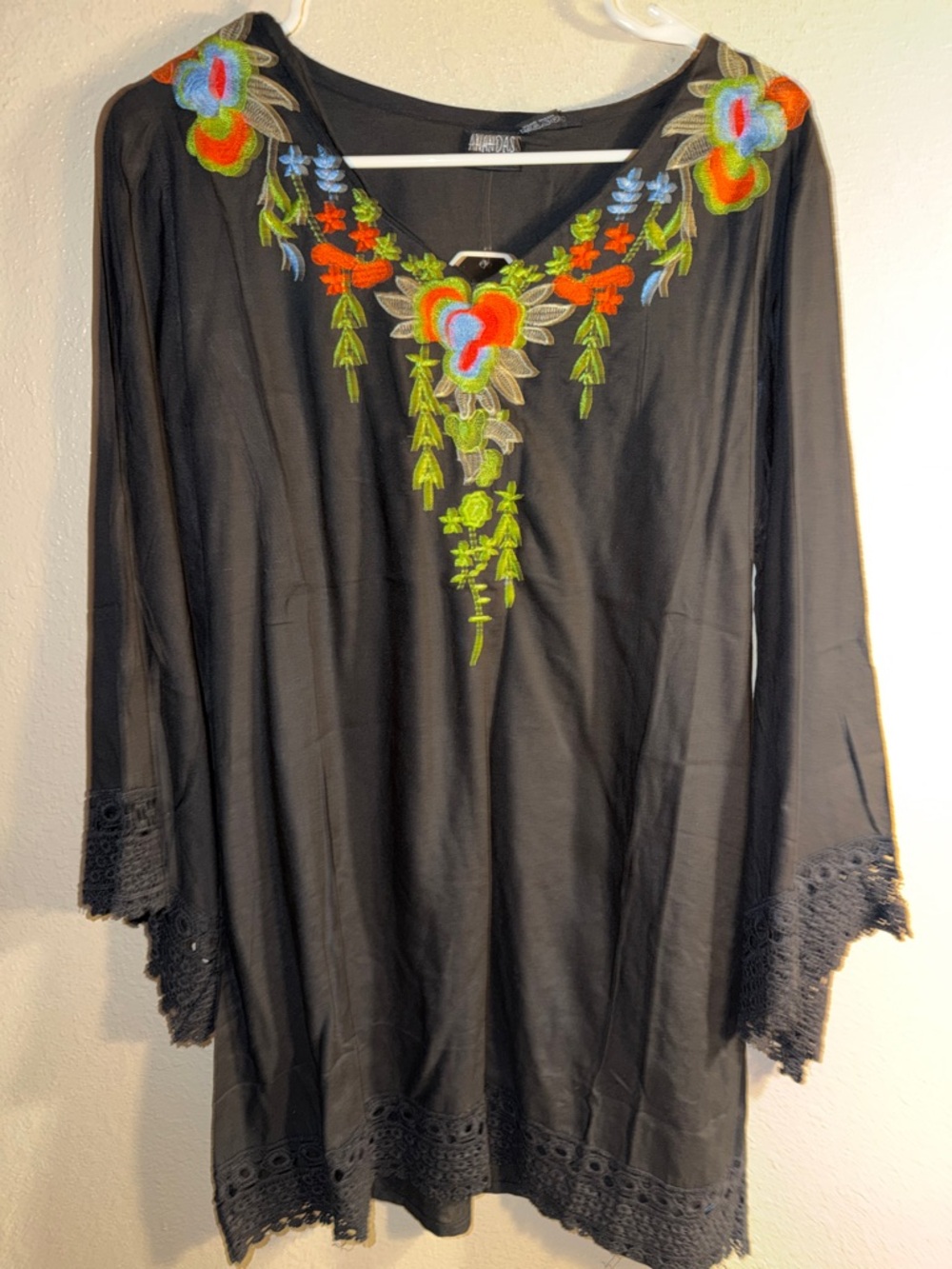 Embroidered Black Boho Tunic Top NWT